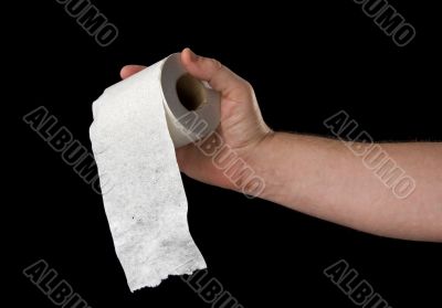 Toilet paper in hand.