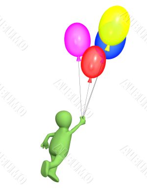 3d  person - puppet, flying by balloons