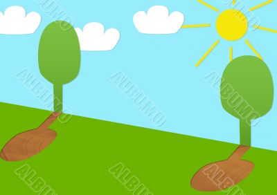 Trees, the sun and clouds from a color paper