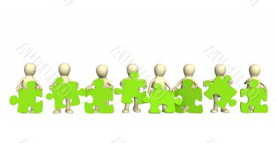 Puppets, holding in hands a puzzle of green color