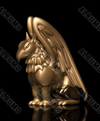 3d statue griffin from gold, on a black background