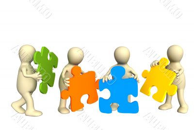 Four puppets, holding in hands a puzzle