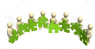 Eight puppets, holding in hands a puzzle