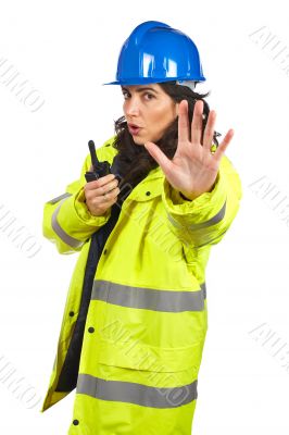 Talking with a walkie talkie and orders to stop