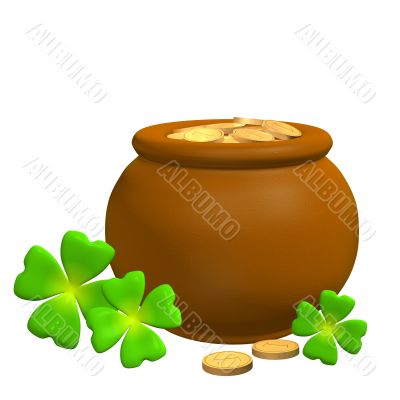 3d pot from the clay, filled with gold coins