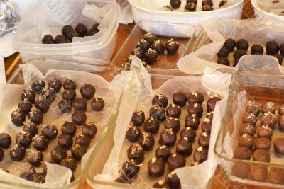Chocolate truffles in trays