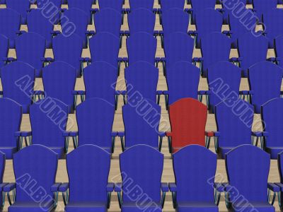 Rows of dark blue armchairs and one red. 3D image.