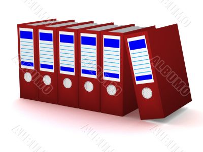 Row of red folders with documents on a white background