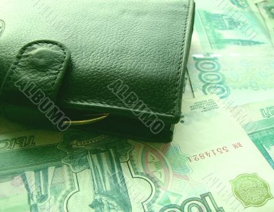 The purse laying on banknotes of Russia