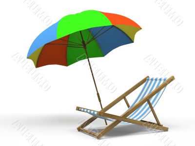 Chaise longue and sunshade isolated on white background