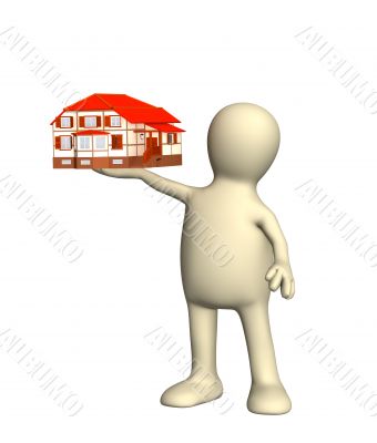 3d person a puppet holding in a hand a cottage