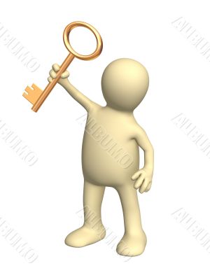 3d person a puppet holding in a hand a gold key