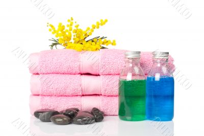 Towels and soap bottles