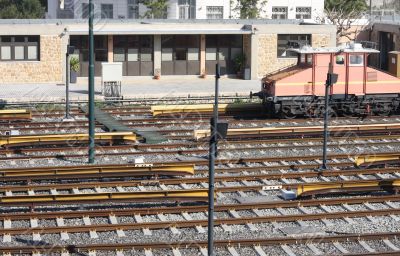 Railway tracks and depot with train