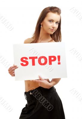 lovely girl holding stop board