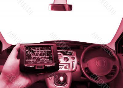 GPS Vehicle navigation system in a man hand.
