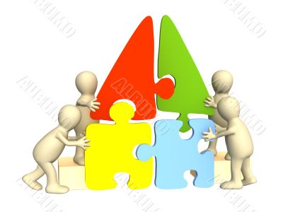 3d puppets, collecting the house from a puzzle