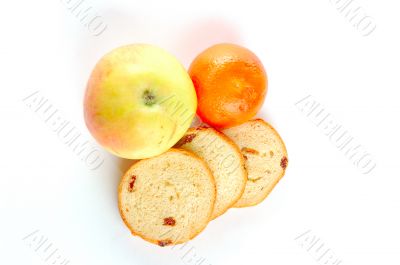 set of the apple, mandarin and few crackers