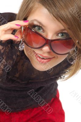attractive girl look above glasses