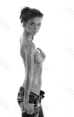 monochrome topless girl in blue jeans