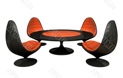 Four black and orange armchairs and table