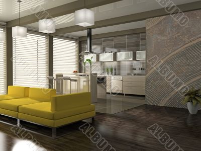 Interior of the modern apartment 3D rendering