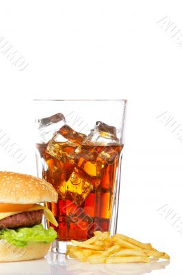 Cheeseburger, soda and french fries