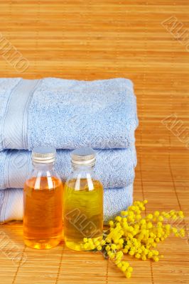 Towels and soap bottles