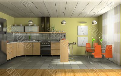 Interior of fashionable kitchen 3D rendering