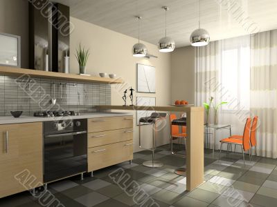 Interior of fashionable kitchen 3D rendering
