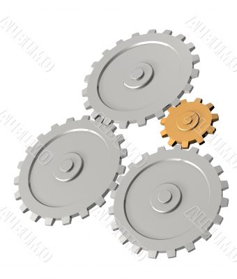 The 3d gold gear, rotating three steel gears