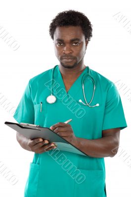 Young black doctor writing