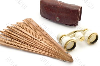 Wood fan and opera glass