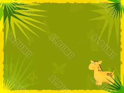 Green background with palm leaves and a giraffe