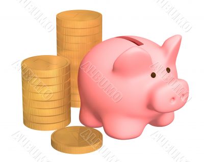 Columns of gold coins, near to a pig a coin box