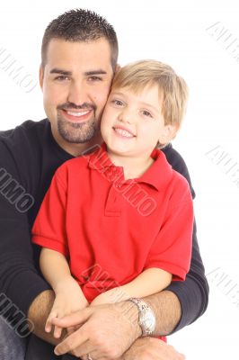 happy father and son isolated on white