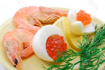Red salmon caviar and cooked prawns