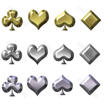 Playing card suits in gold silver and chrome