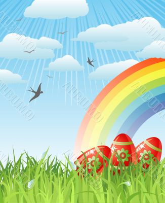 easter with eggs, birds and rainbow / vector