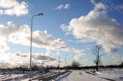 Trees and fields along rural road in the winter