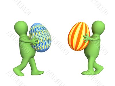 Two 3d persons - puppets, carrying easter eggs