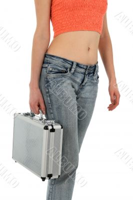 Woman in jeans with metal case