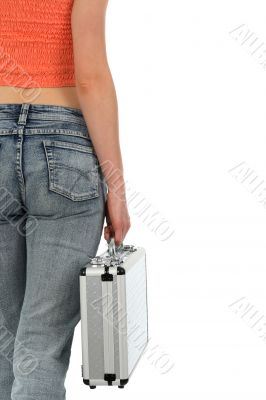 Young woman holding a metal case