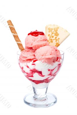 Strawberry ice cream in glass bowl