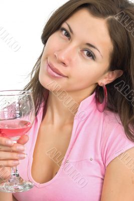 girl in pink with pink wine