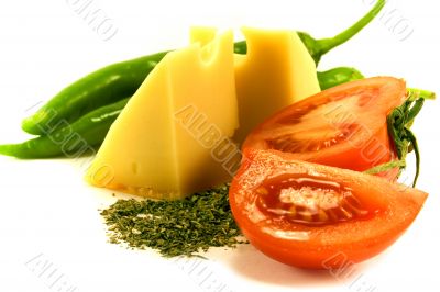 vegetables and cheese on white