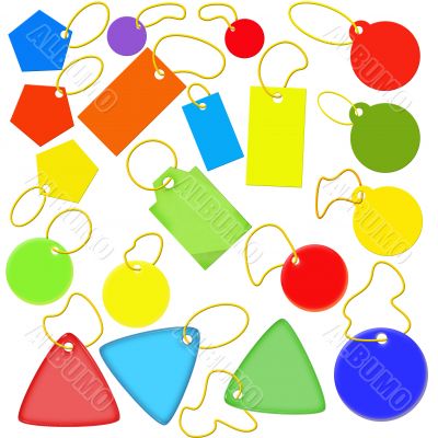 Set of bright decorative labels with cords