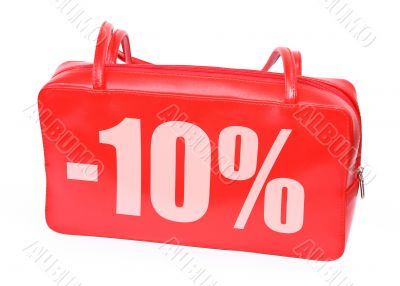 red leather handbag with -10% sign