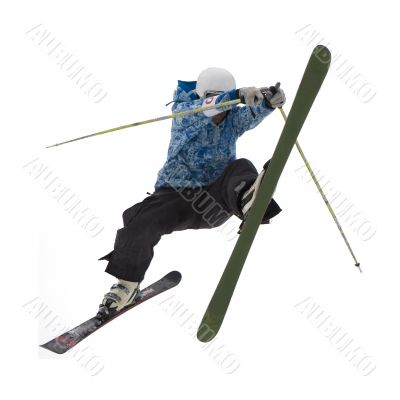Freestyle. Snow Skier Jumping over white.