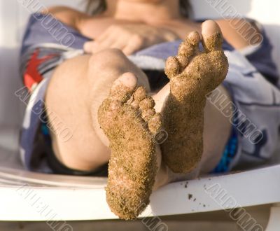 Beach, man, foot, sand.